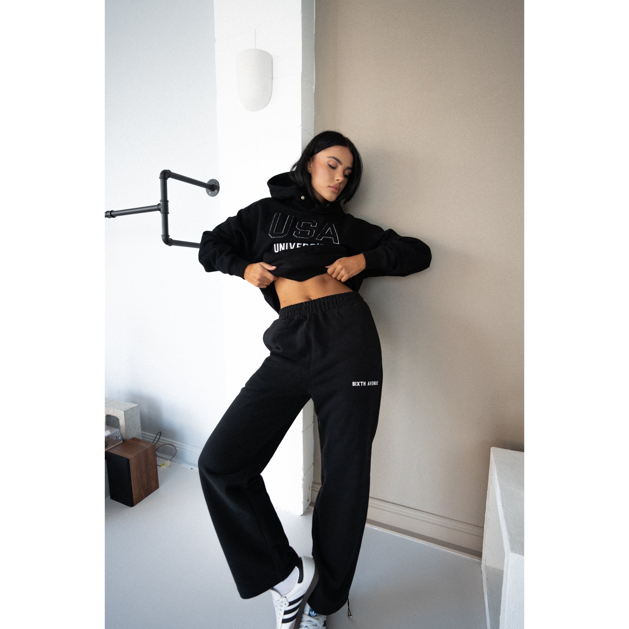 COLLEGE WIDE LEG SWEATS - BLACK - Sixth Avenue
